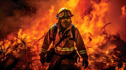 A heroic fireman standing courageously in the midst of a blazing inferno - obrazy, fototapety, plakaty