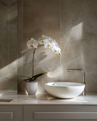 Elegant and luxury bathroom with pink marble, modern sink and faucet and orchid - 780424169