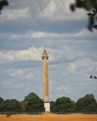 Obraz premium Vertical shot of the Column of Victory in Blenheim Park surrounded by lush trees against a blue sky