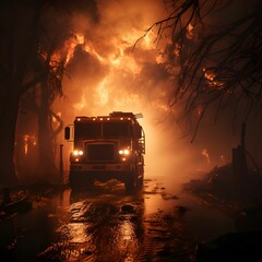 Fire truck driving down a street with a raging fire in the background, AI-generated. - obrazy, fototapety, plakaty