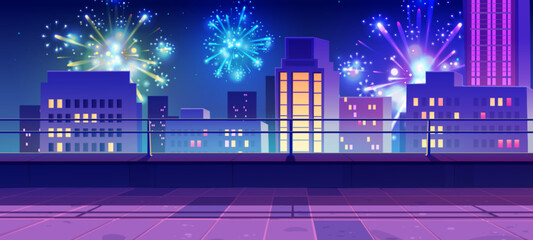 Night city street view from rooftop balcony illustration. Roof terrace scene and festival fireworks party display. Outside skyscraper exterior with birthday event celebration. Futuristic neon panorama - obrazy, fototapety, plakaty
