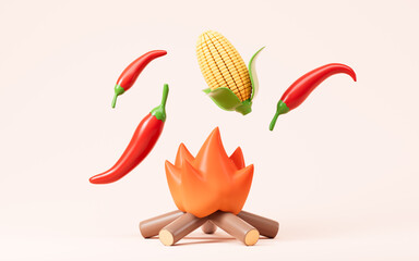 Cartoon chilies and corns, barbecue concept, 3d rendering.