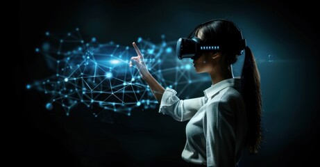 Virtual Innovation: Businesswoman Engaging with VR Interface on Abstract Backdrop