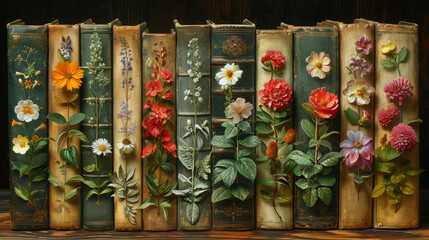 Leather-Bound Tomes Adorned with Garden Splendor, Nature's Archive