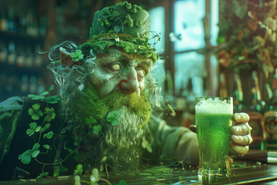 AI-generated illustration of An elderly man with a large beard and flowing green hat: Saint Patrick