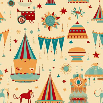 AI generated illustration of a vibrant collection of circus-themed objects in colorful hues