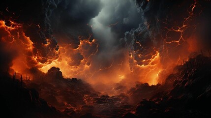 an orange fire flowing down from the inside of a volcano - obrazy, fototapety, plakaty