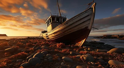 Foto op Plexiglas AI generated illustration of an orange sky illuminating a solitary boat near a beach of jagged rocks © Wirestock