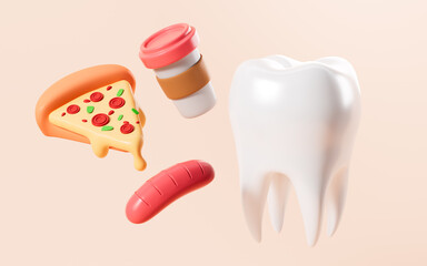 Cartoon tooth and hamburger, concept of diet and oral hygiene, 3d rendering.
