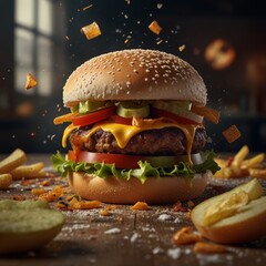 Fresh tasty burger with ingredients flying in the air for commercial ad and food promo