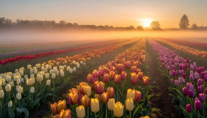 colorful tulips grow in the foreground as the sun sets behind them