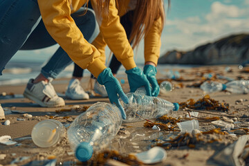 young girl in gloves collecting plastic on the beach - obrazy, fototapety, plakaty