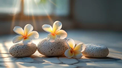 Foto auf Leinwand portrait shot, featuring three beige-colored rounded stones, a delicately adorned Hawaiian yellow plumeria plant, and a glowing white object, creating a serene and harmonious composition. © lililia