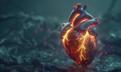 Realistic human heart with glowing red veins on a dark blue abstract background.