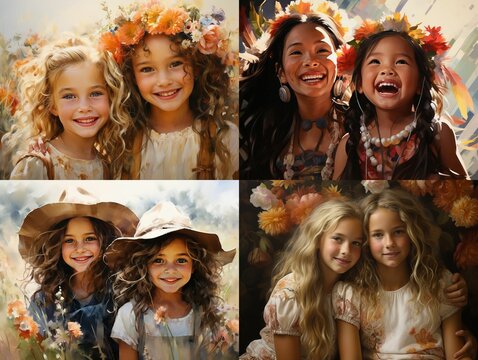 AI generated illustration of a collage of two cheerful girls surrounded by flowers