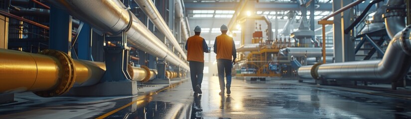Two engineers walking in a modern industrial plant, pipelines in the background.