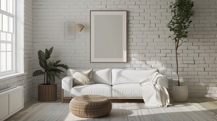 a small unit living room adorned with minimalist style, featuring soft brick accents, a comfortable sofa, and latex paint walls in a serene milk white hue.