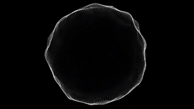 Seamless reversible loop with moving flow of flying dots sphere. Loopable abstract white and black tech background for presentation, stage, performance, logo, text. AI, cyberspace, big data, metaverse