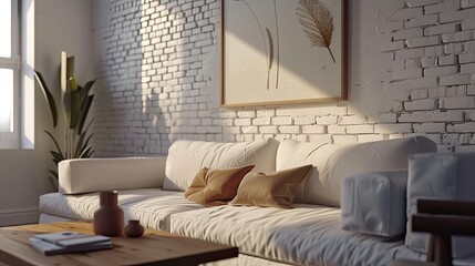 a small unit living room adorned with minimalist style, featuring soft brick accents, a comfortable sofa, and latex paint walls in a serene milk white hue. - obrazy, fototapety, plakaty