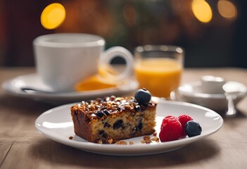 some kind of breakfast with berries, coffee, and a glass of orange juice - obrazy, fototapety, plakaty