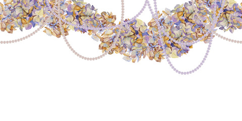 Hand drawn watercolor illustration shabby boho botanical flowers leaves. Hydrangea hortensia purple withered pearl bead strings. Seamless banner isolated white background. Design wedding, love cards