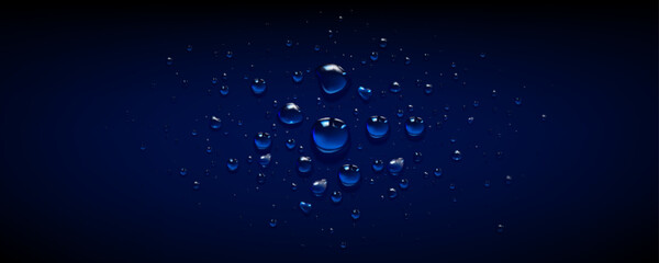 Rain splash water drop on blue surface background. Clean bubble pattern with liquid dew texture. Abstract 3d realistic wet wallpaper with light reflection. Macro shower waterdrop cover concept
