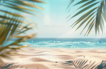 Beautiful summer background with palm leaves against the backdrop of a sandy sea beach under a blue sky. The background is blurred. Copy space.