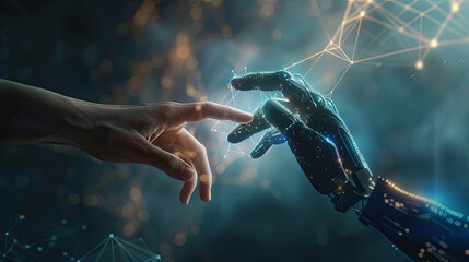 Metaverse technology Hand of robot and human connected - obrazy, fototapety, plakaty