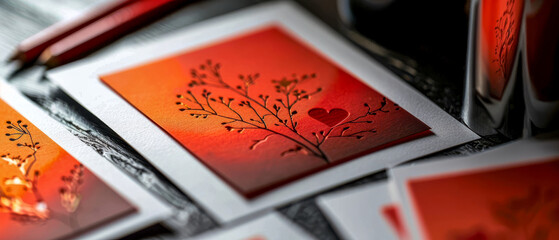 Top view of a collection of red cards with hearts and trees on them - Powered by Adobe