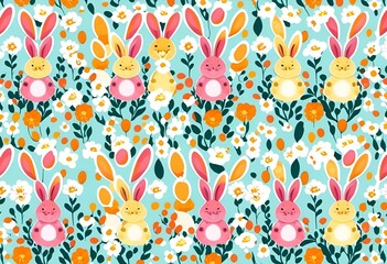 AI generated illustration of many colorful Easter bunnies with wildflowers on a green background