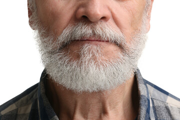 Man with mustache on white background, closeup