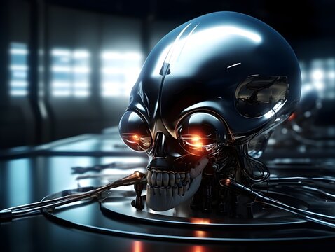Cybernetic Extraterrestrial Experiment in Futuristic Science Lab with Cyborg Wired to Vacuum Tubes