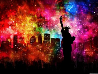 Vibrant illustration of nyc skyline featuring the silhouette of the statue of liberty on a colorful backdrop - 780428312