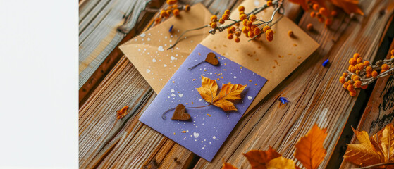 Naklejka na ściany i meble A card with a leaf on it is sitting on a wooden table