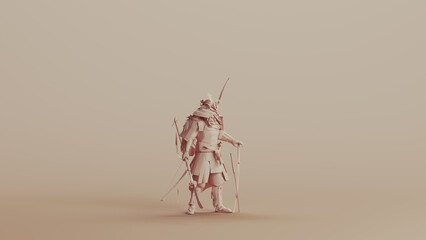 Japanese samurai warrior neutral backgrounds soft tones beige brown clay sculpt background right view 3d illustration render digital rendering
