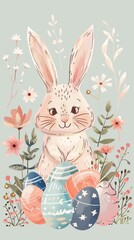 Obraz premium a cute little bunny is holding three colorful easter eggs in front of a floral background
