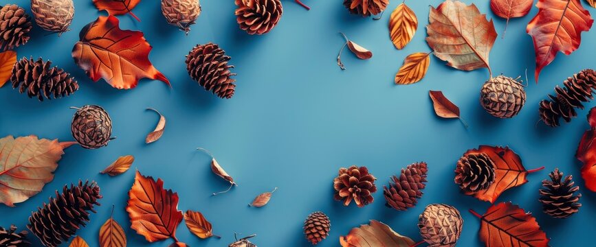 A blue background with colorful autumn leaves and pine cones on the edges , top view, flat lay photography, high resolution