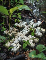Obraz premium keyboard keys with moss, plants, and dirt laying on the ground