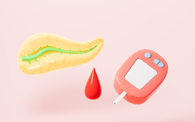 Cartoon glucometer and pancreas, medical and health concept, 3d rendering.