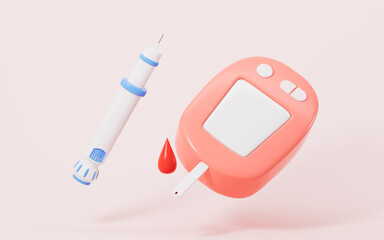 Cartoon glucometer and insulin pen injection, 3d rendering.