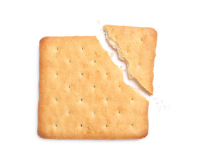 Crispy broken cracker isolated on white, top view