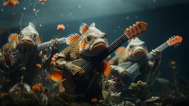 AI generated illustration of a band of fish playing on guitars