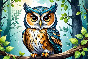 Cartoon illustration of an owl is sitting in jungle with watercolor theme