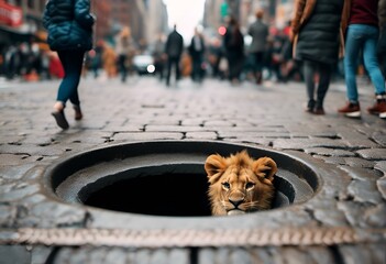 AI generated illustration of a lion emerges from a manhole in a busy New York street - obrazy, fototapety, plakaty