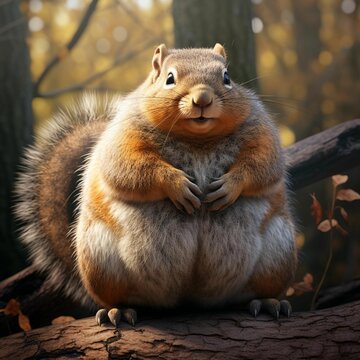 AI generated illustration of a fat squirrel on a tree branch