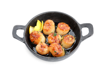 Delicious fried scallops in pan isolated on white
