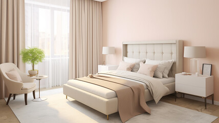 A cozy bedroom in pastel light beige colors, a double bed in the interior of the hotel room