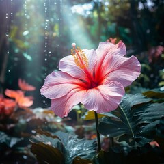 AI generated illustration of a vibrant pink Hibiscus flower against lush greenery