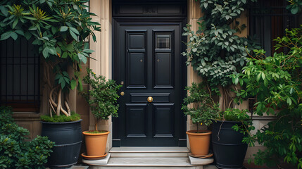  Black front door, front door of a house adorned potted plants. Front door, black front door