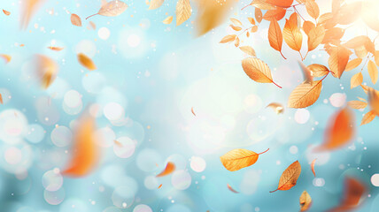 Fototapeta na wymiar Autumn background with a soft focus on a blurred light blue sky and bokeh of orange leaves